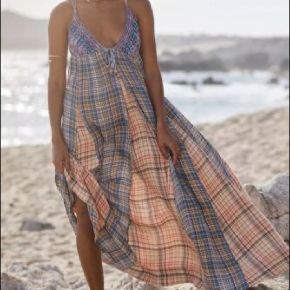 Free People Plaid Maxi Dress in Blue and Orange